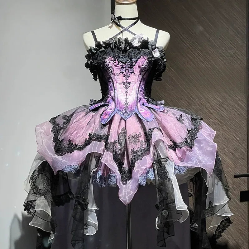 Dead Leaf Butterfly - Chiffon Gothic Lolita JSK, Irregular Tiered Skirt Purple - Top + SK (3.0 version) S