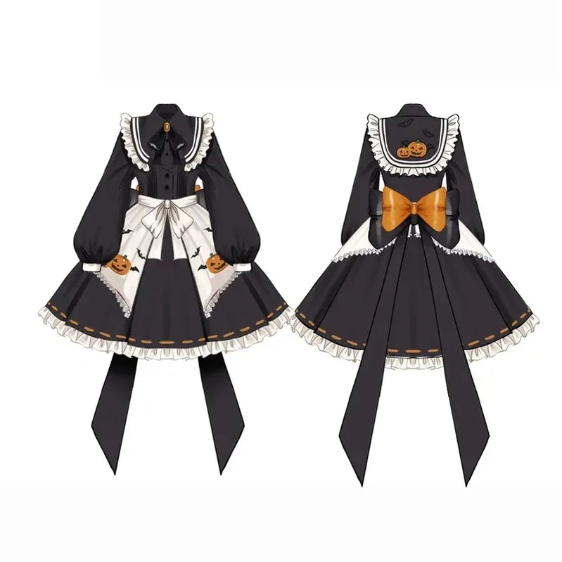 Little Witch - Halloween Gothic Lolita OP Dress Set, Pumpkin & Bat Embroidery OP + A Large Back Bow + Embroidered Apron S