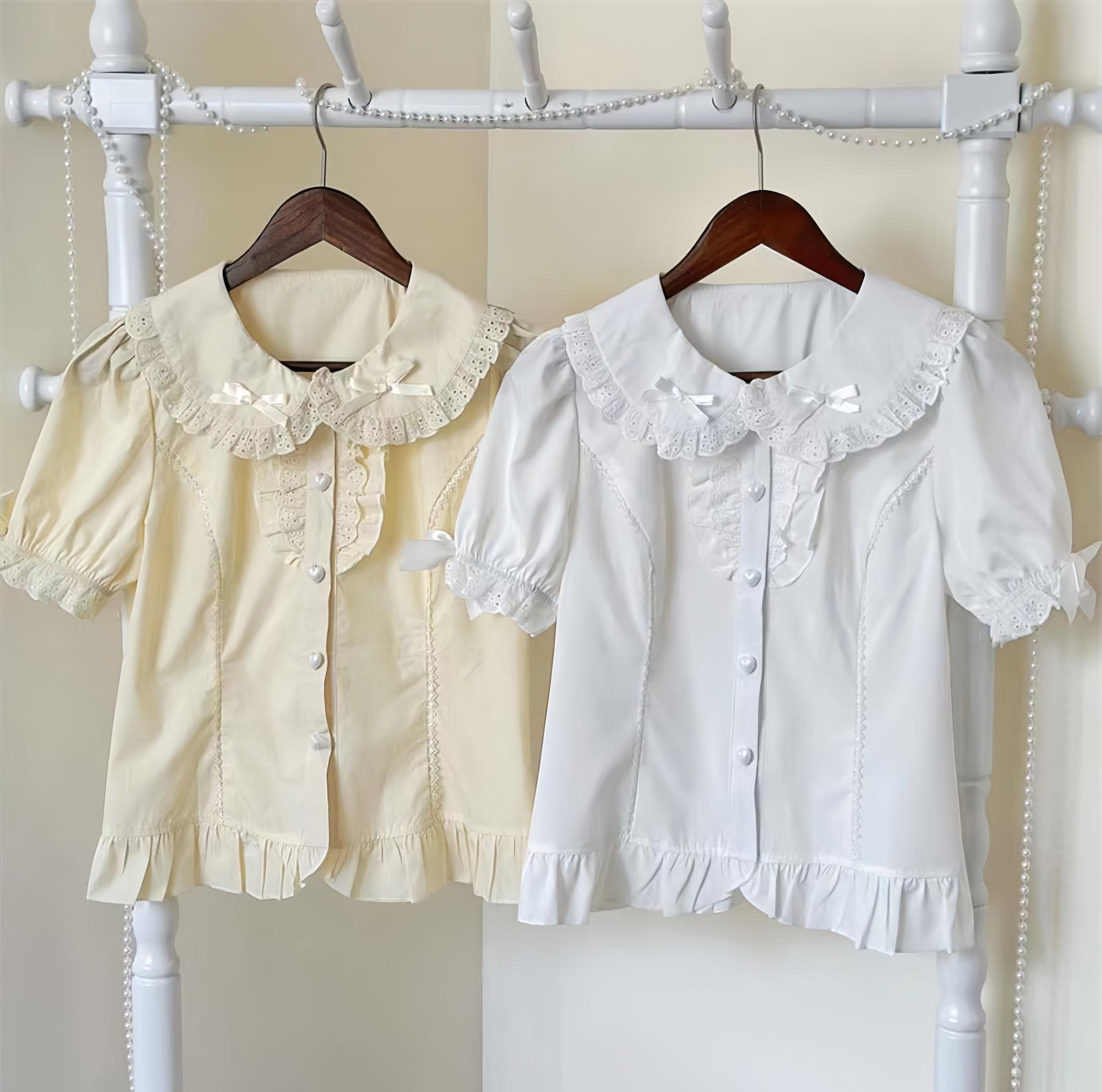 Cotton Sweet Lolita Peter Pan Collar Blouse, Heart Buttons 45814:863109