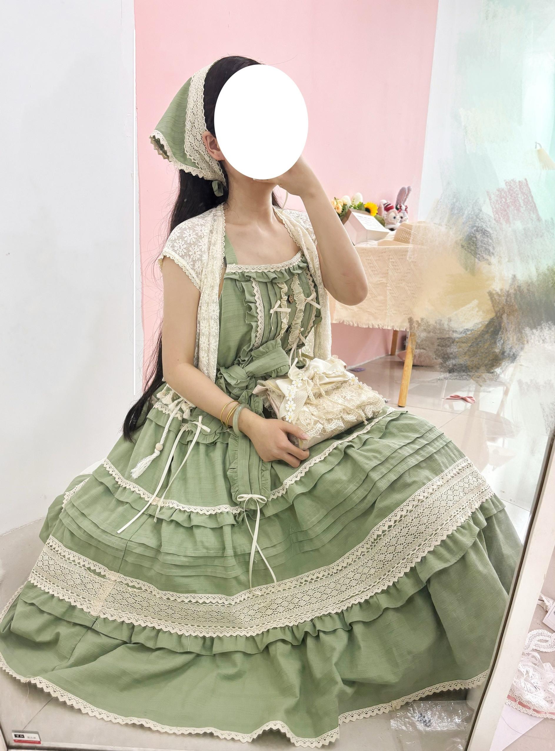 Qianmu - Summer Floral Tea - Country Lolita Cotton Jumper Dress Burlap Dress S Matcha (matcha green)
