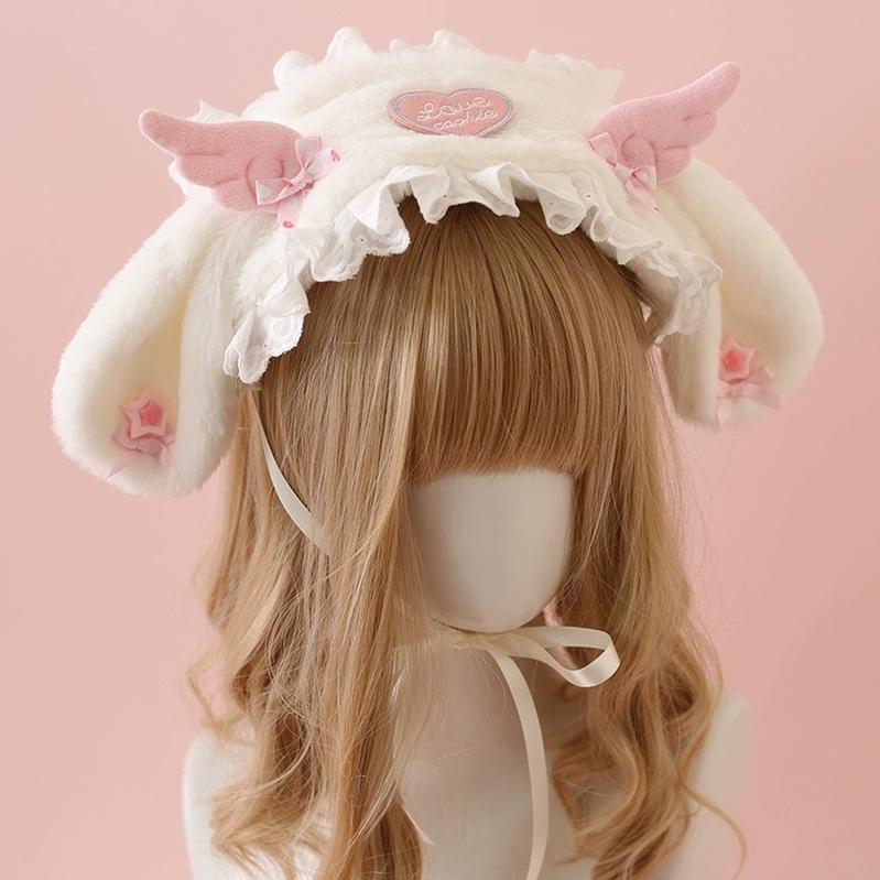 Xiaogui - Kawail Lolita Headband Plush Bunny Ears Wings Headdress Plush Wing Bunny Ears Hairband (Pink)