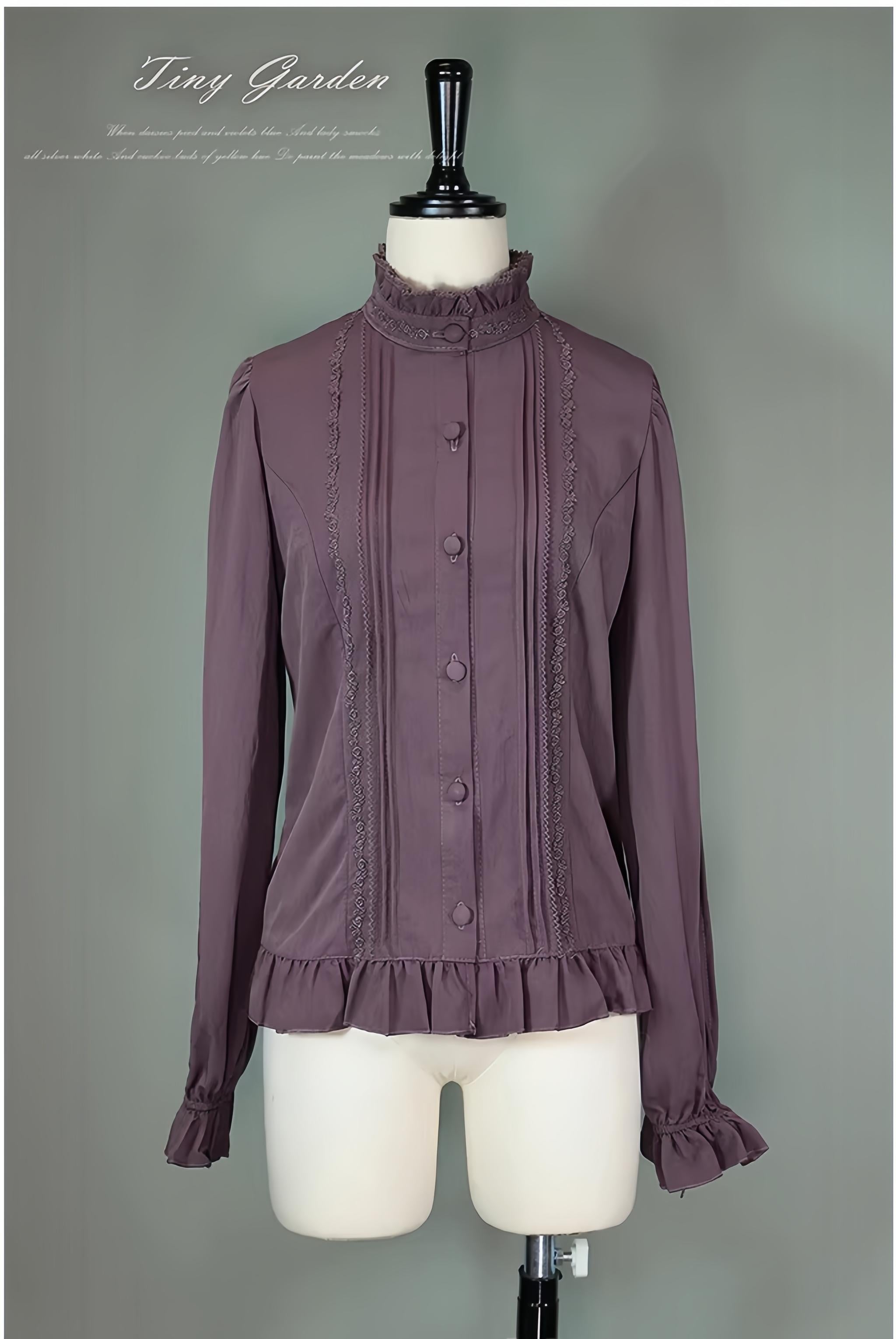 Moring Mist and Letter - Classic Lolita Long Sleeve Shirt, Stand Collar Gray-Purple Shirt Only S