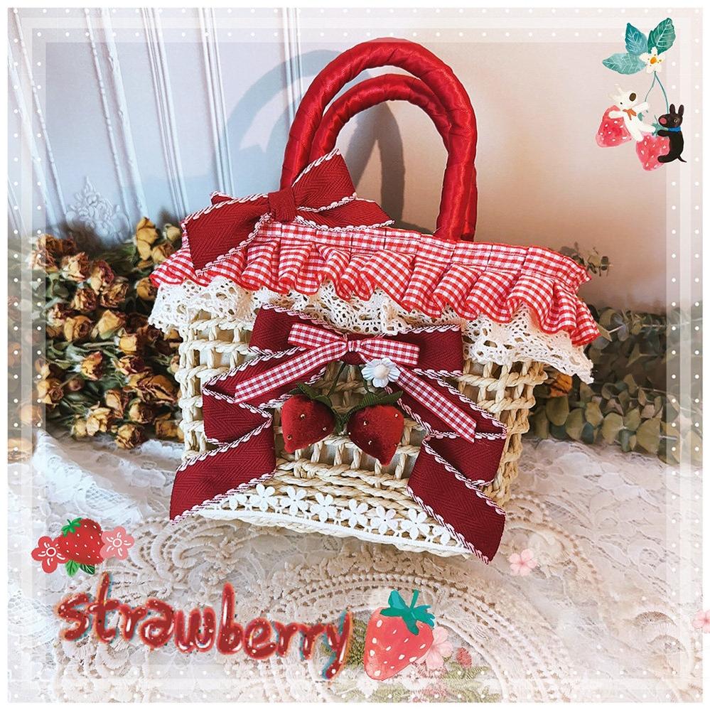 Country Lolita Straw-woven Bag, Strawberry Accent Beige (with crossbody strap)