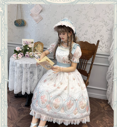 Alice girl~Night Rose~Elegant Lolita Bonnet Embroidered Side Clips bonnet (blue-pink)  