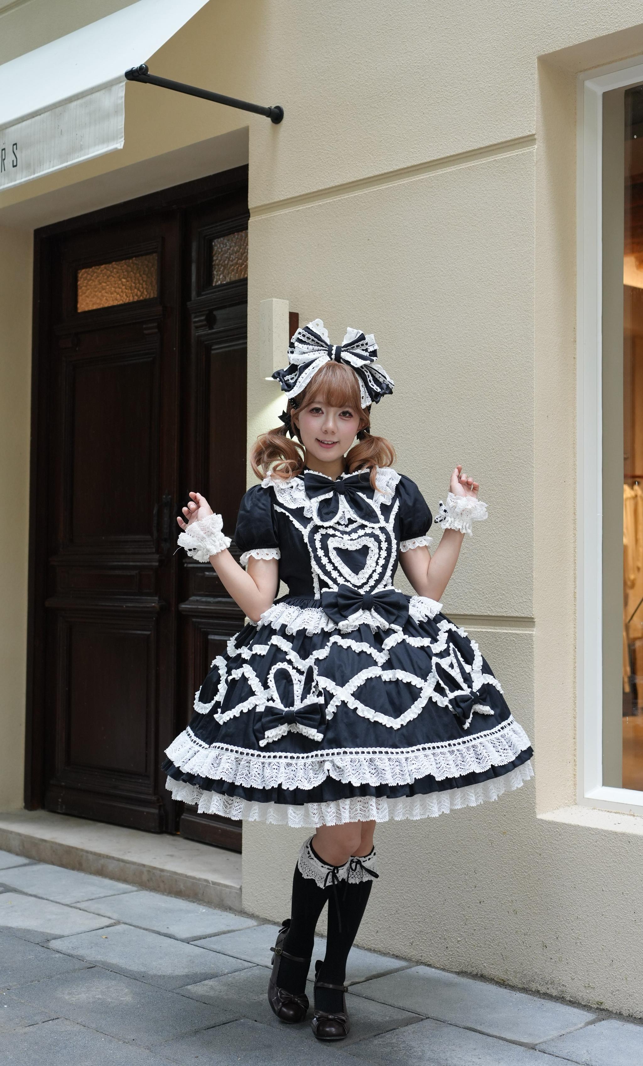 Creamy Sweet Bunny - Cotton Old School Lolita Bunny Ear OP Dress with Bows Black OP Only S