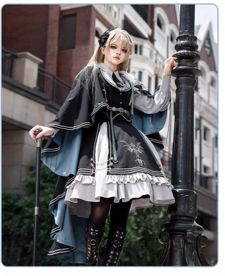 CHUNLV LOLITA~Dark Night Contract~Blue Military Lolita Dress Suit Skirt Elegant OP Cape