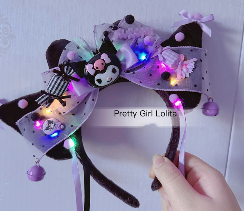 Pretty Girl Lolita~Purple Black Cartoon Kulomi~Kid Lolita Accessory Clips and Cane a glowing Kulomi headband  