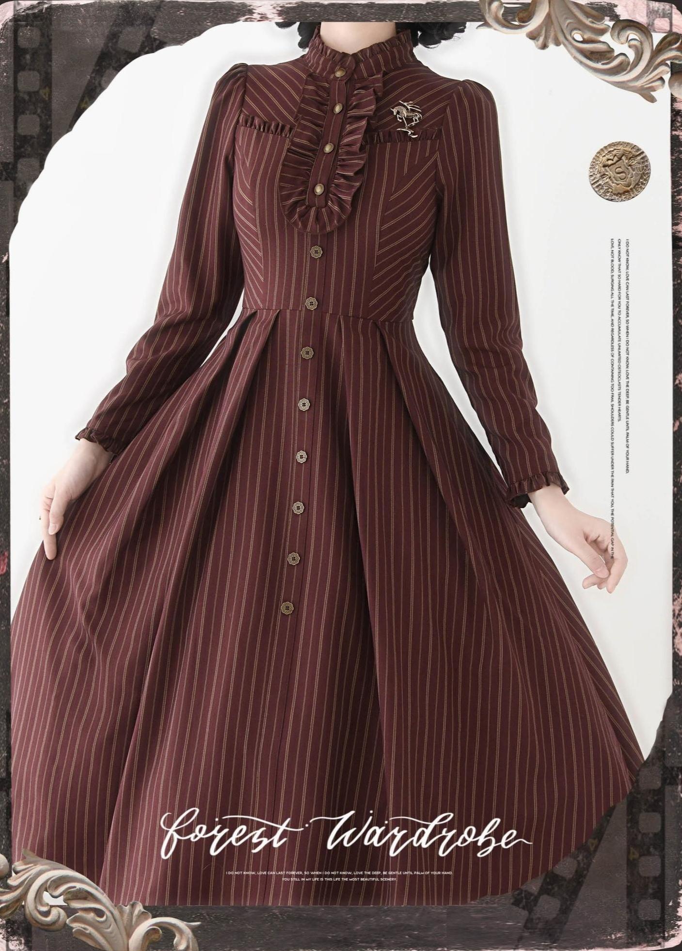 Forest Castle - Classic Lolita Long Striped Dress, Irregular Hem Vest 44441:809890