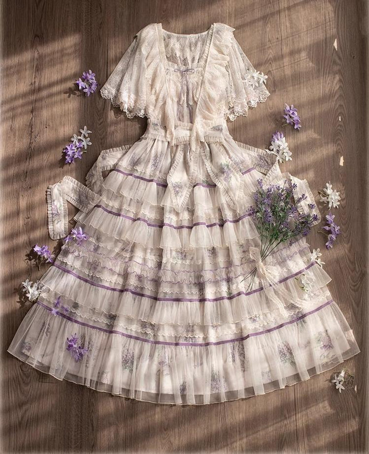 Avenue Denfer~Floral Veil~Elegant Lolita JSK Suit Floral Print Dress and Tulle Shawl 42393:738791