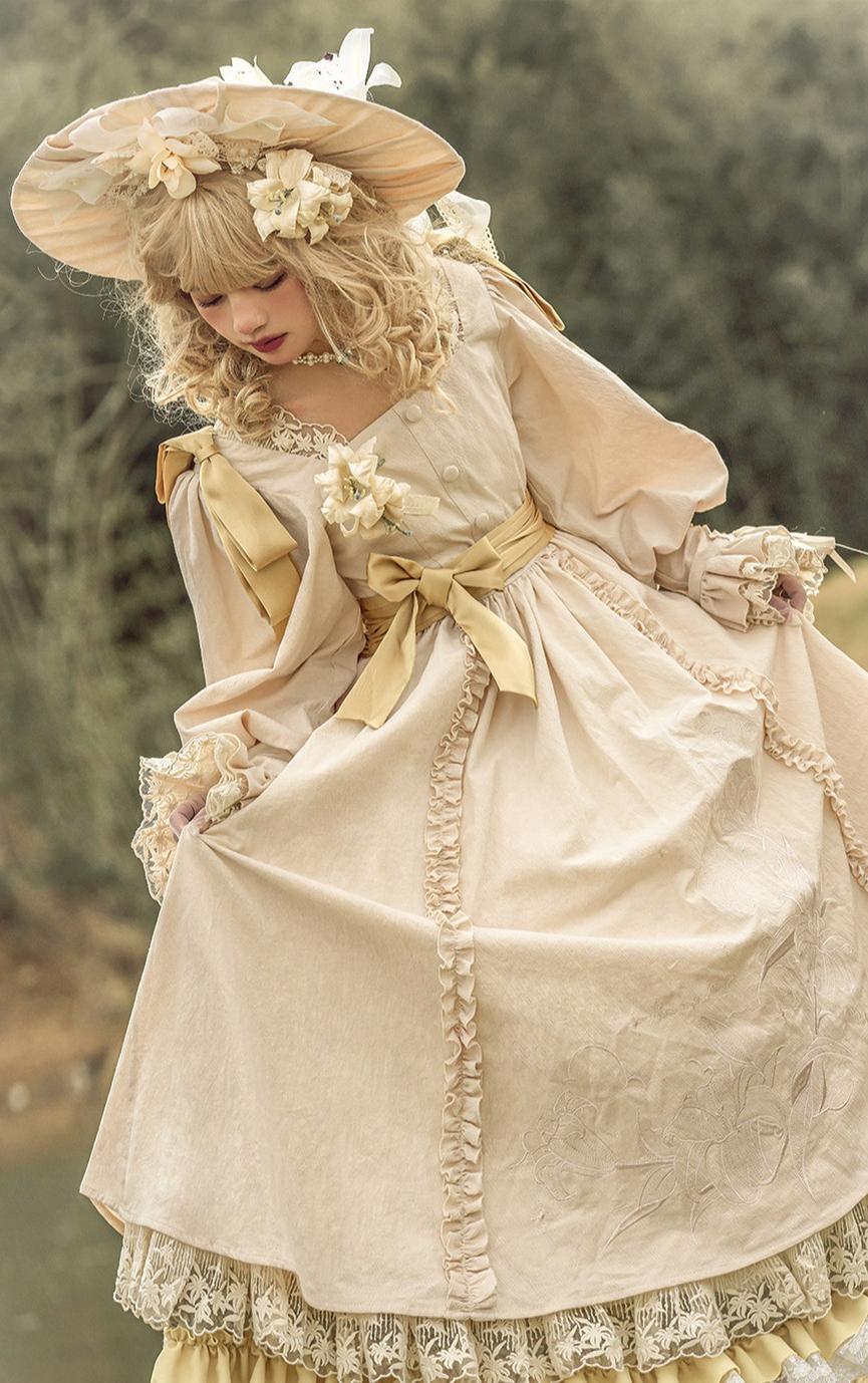 Moonlit Lily - Cotton Classic Lolita OP Dress, Lily Embroidery