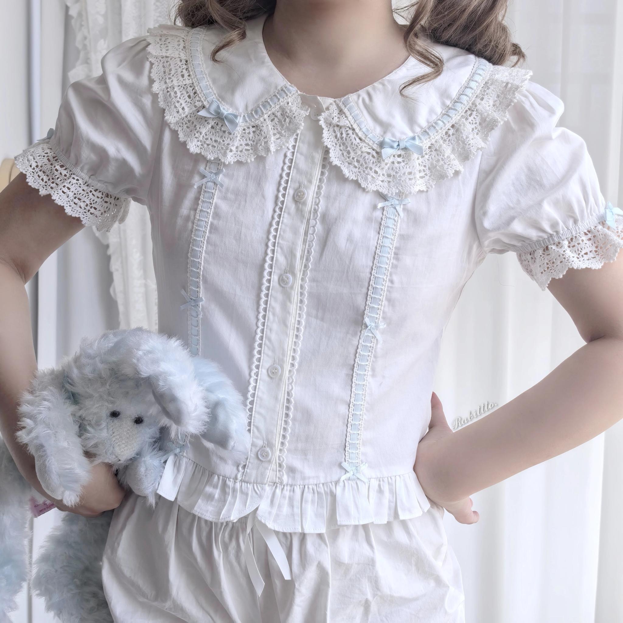 Yarn-Woven Doll Clothing - Old School Lolita Cotton JSK, Peter Pan Collar Blouse White and Water Blue XS Blouse Only