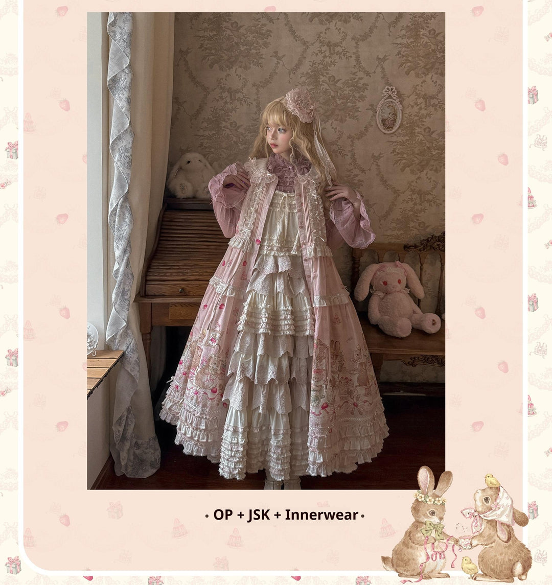 MEEKWIND~Dessert Bunny~Kawaii Lolita Dress Suit Bunny Printed OP and Tiered Ruffle JSK