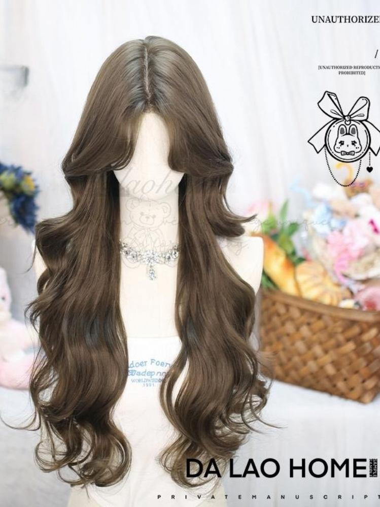 Dalao Home - Flower Season - 70 CM Lolita Wig Long Curls Eight Character Bangs Hazelnut Taupe Wig + Hairnet
