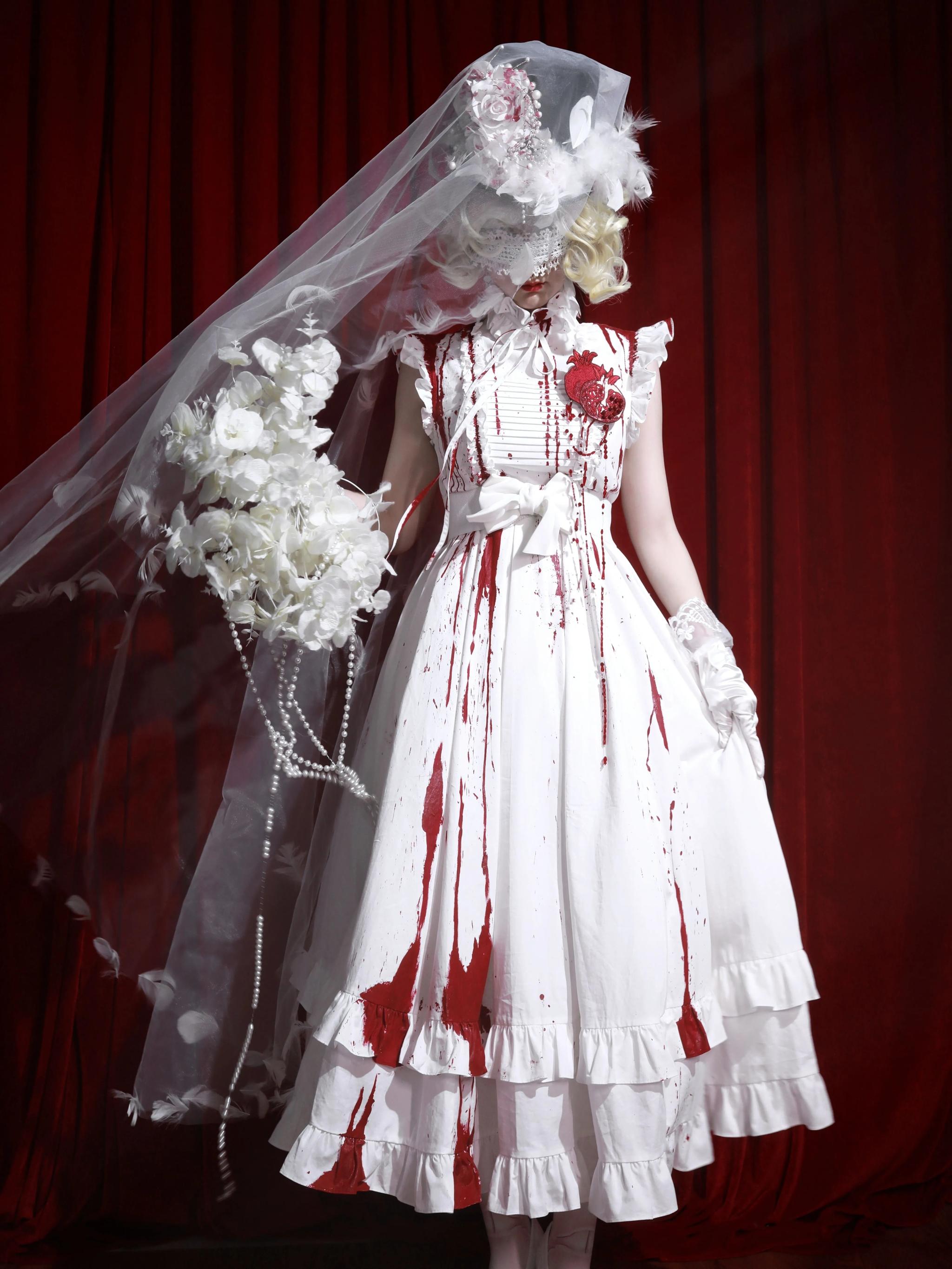 Flower Messenger - Dream & Slumber - Gothic Lolita Blood Print Dress, Detachable Sleeves 44356:805259