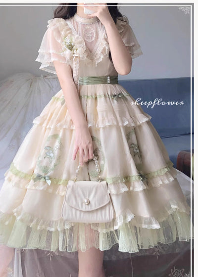 Nectarine White Tea~Elegant Lolita Beige Flower Print Dress   