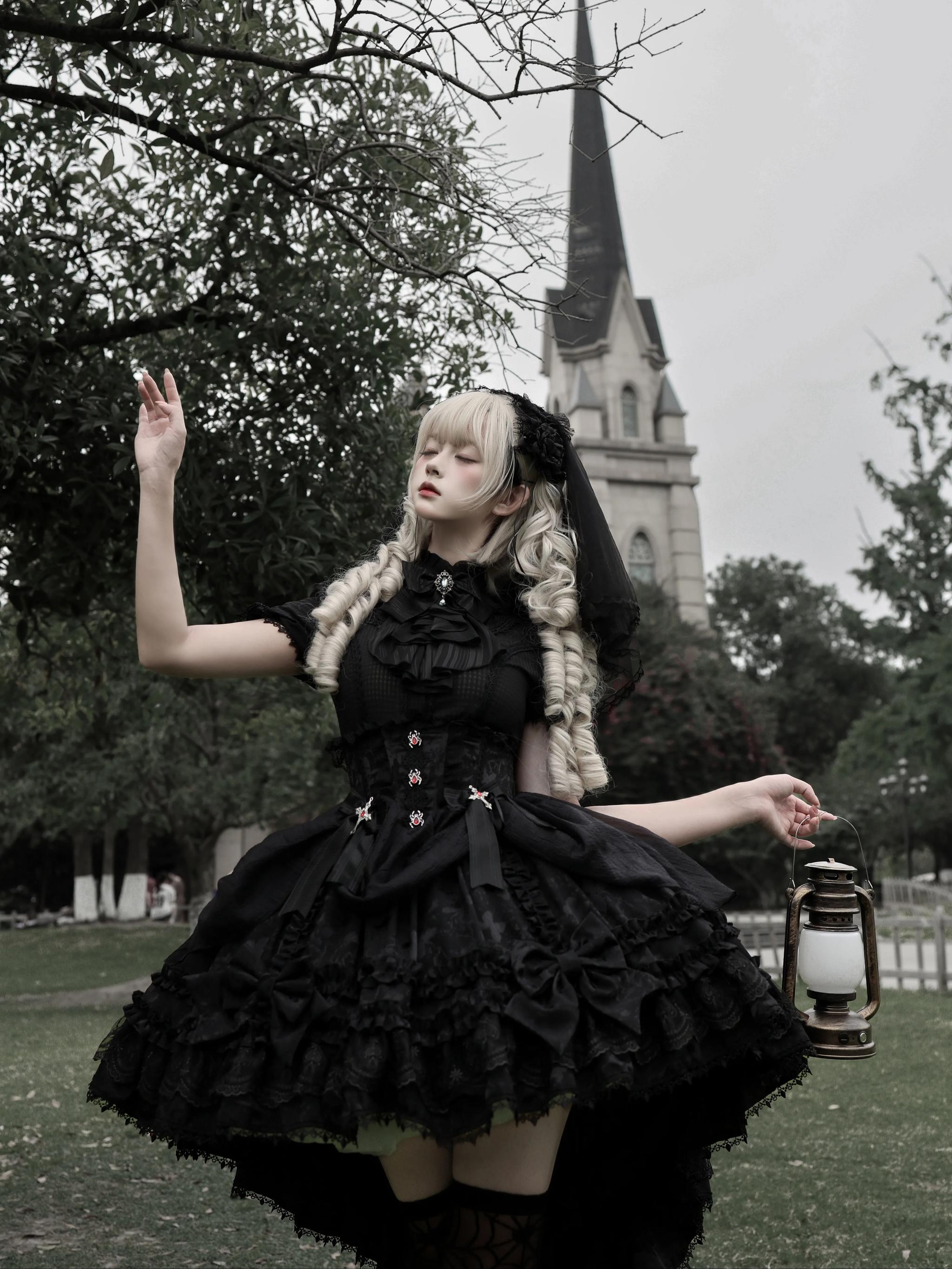 Spider Cross Knot - Gothic Lolita Skirt Set, High-low Hem and Fishbone Waist 45733:860165