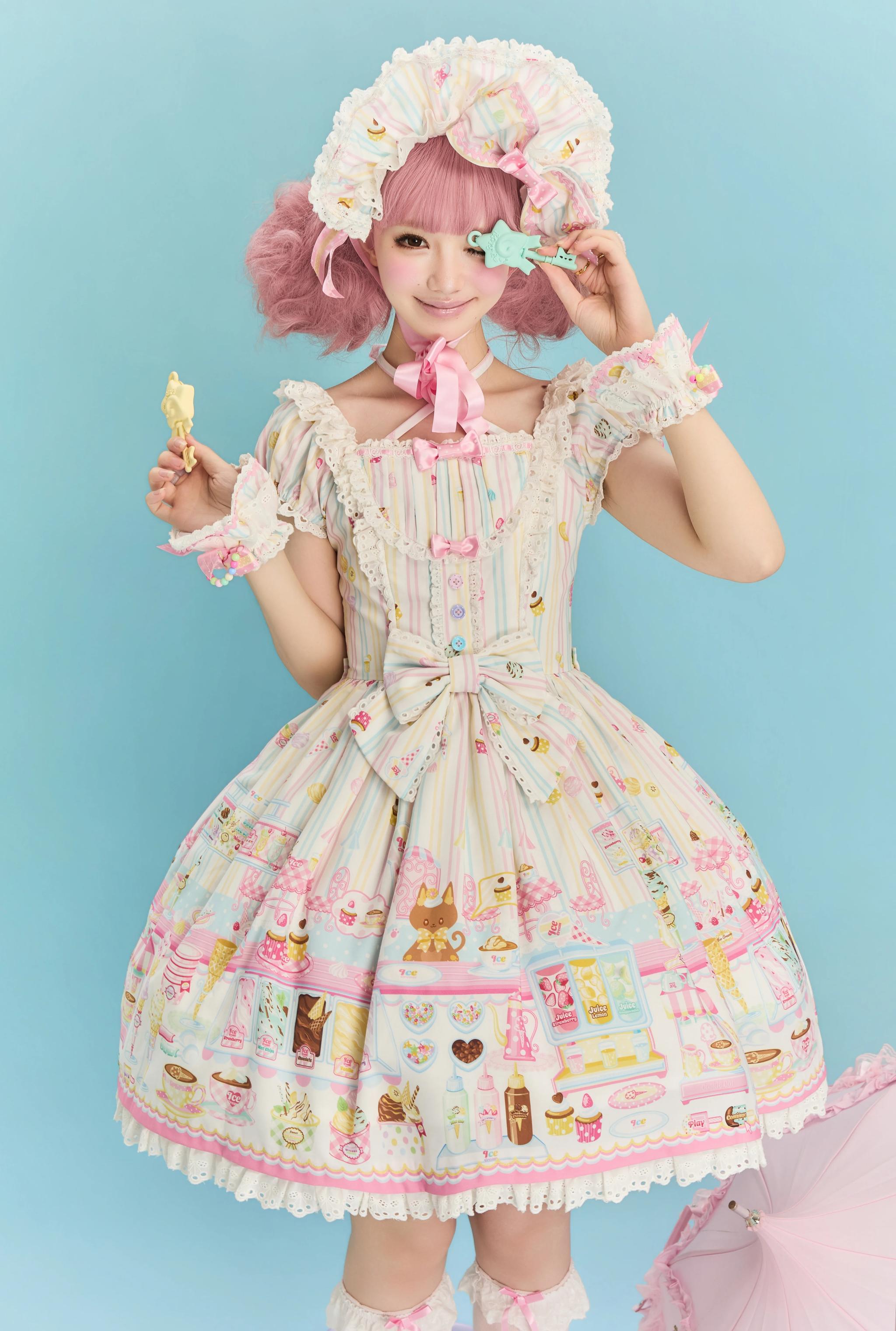 Summer Ice Cream Tale - Old School Lolita Ice Cream Printed OP & JSK Dress (2XL L M S XL / Pre-order) 45684:858666