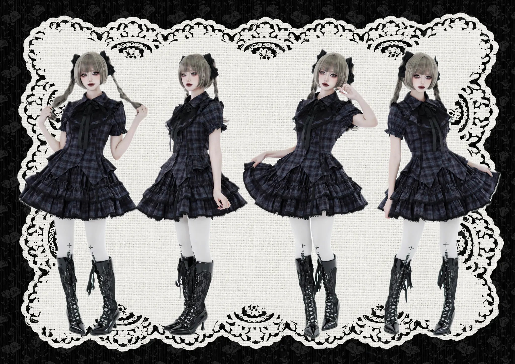 Lyra Nocturne - Gothic Lolita Slanted Placket Shirt Set, Plaid or Striped Blue Plaid - Short Sleeve Shirt Only (without jabot) XS