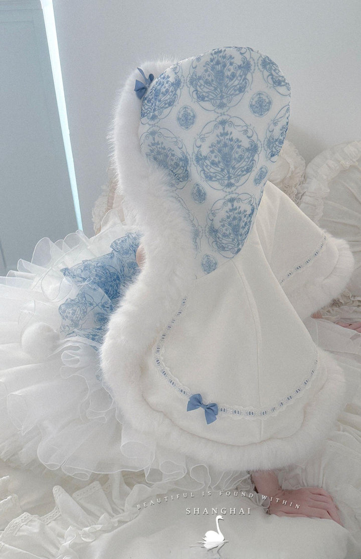 POSHEPOSE~Blue and White Porcelain~Princess Lolita Cake Skirt JSK Dress Plush Cape