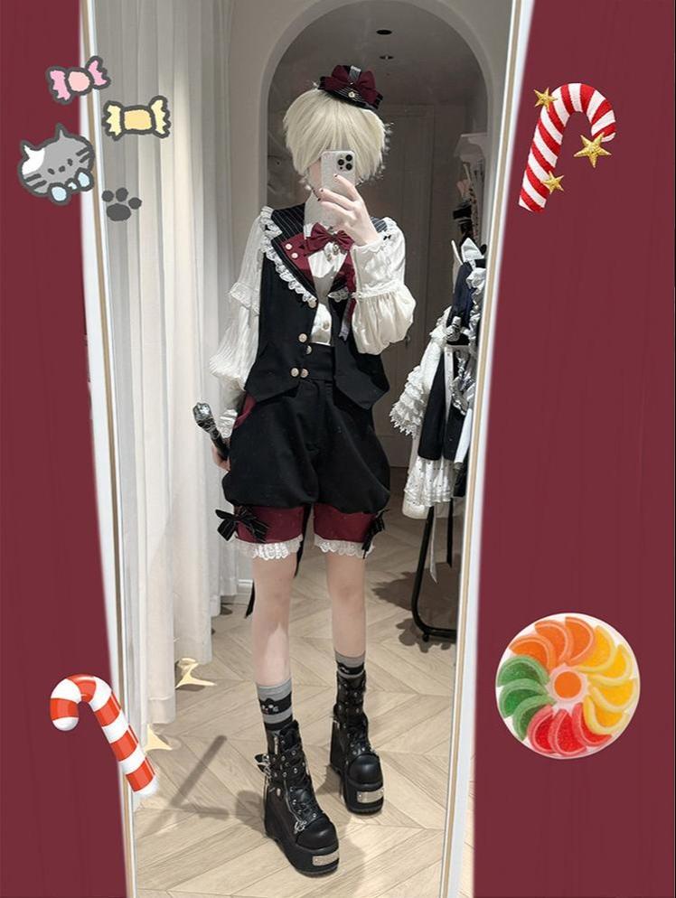 Candy Shop - Ouji Lolita Vest Set, Ruffle Hem Bow Shorts 45061:832837