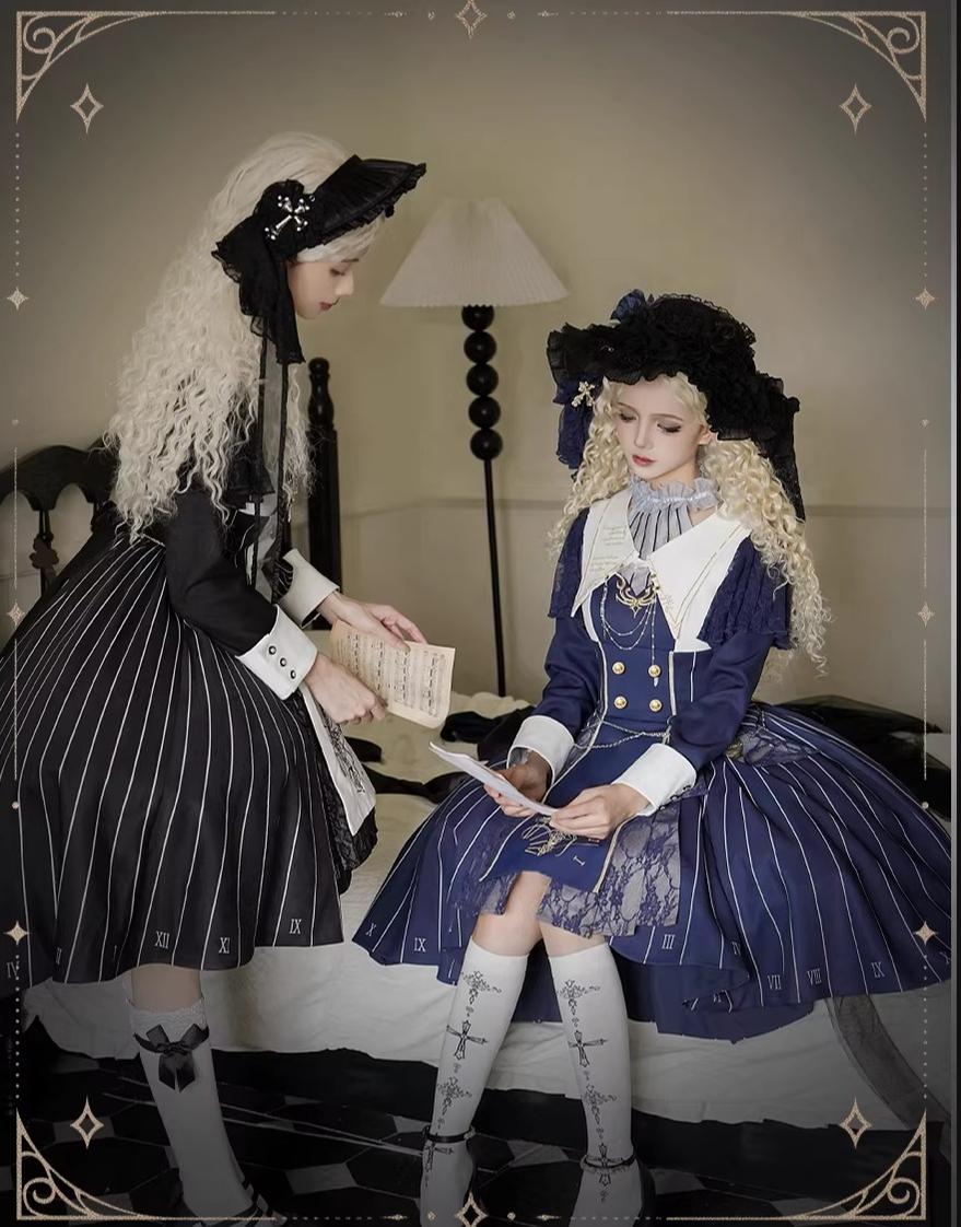 The Choir of the Church - Striped Gothic Lolita Dress Set, High-low Hem