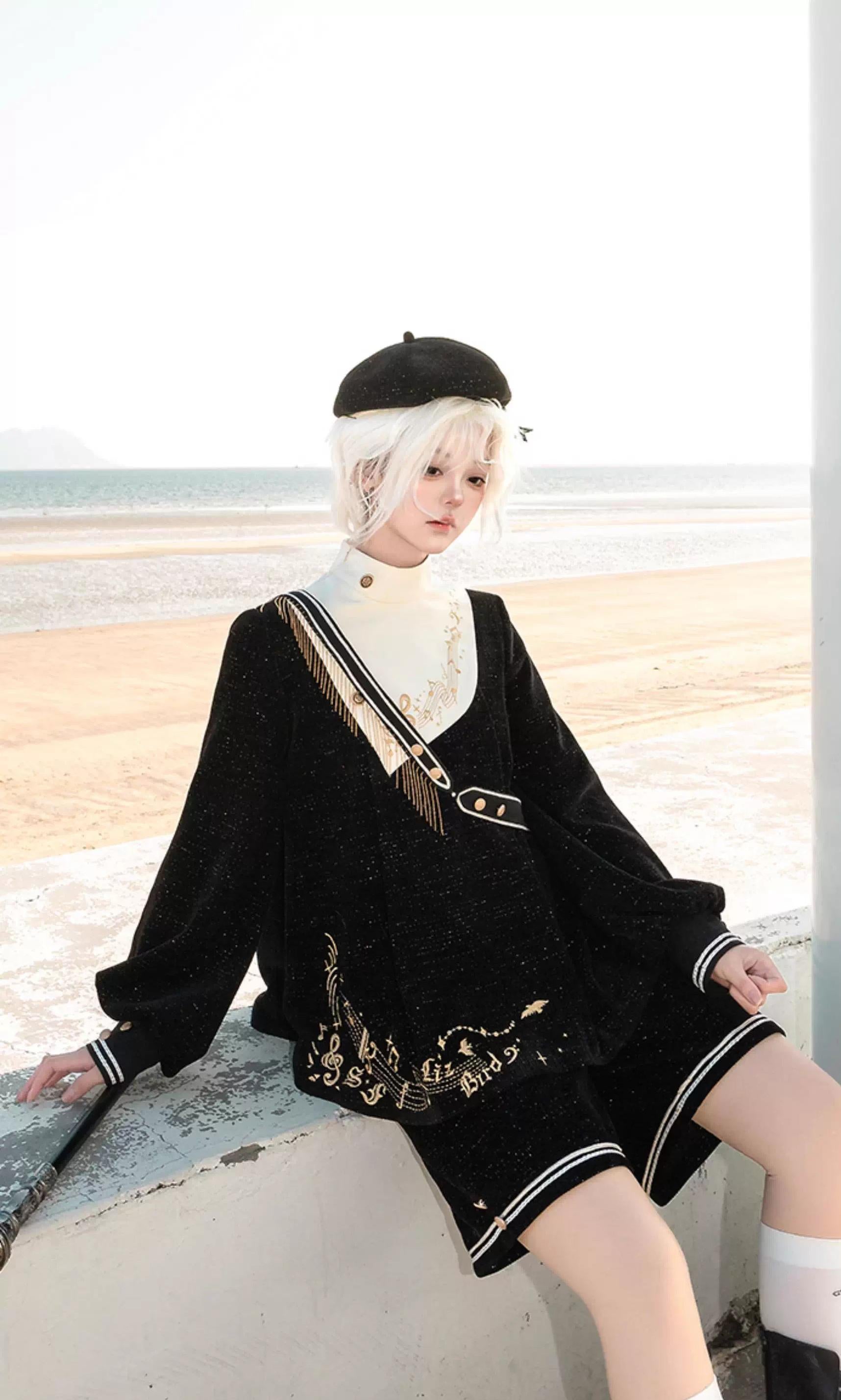 LizBird - Tomorrow Song - Ouji Lolita Loose Sweater and A-line Shorts Full Set(sweater+shorts+hat) - S