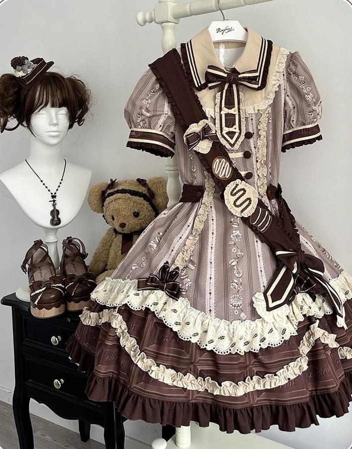 Chocolate Cone - Kawaii Lolita Dessert Print OP Dress, Detachable Sash Set 45782:862689