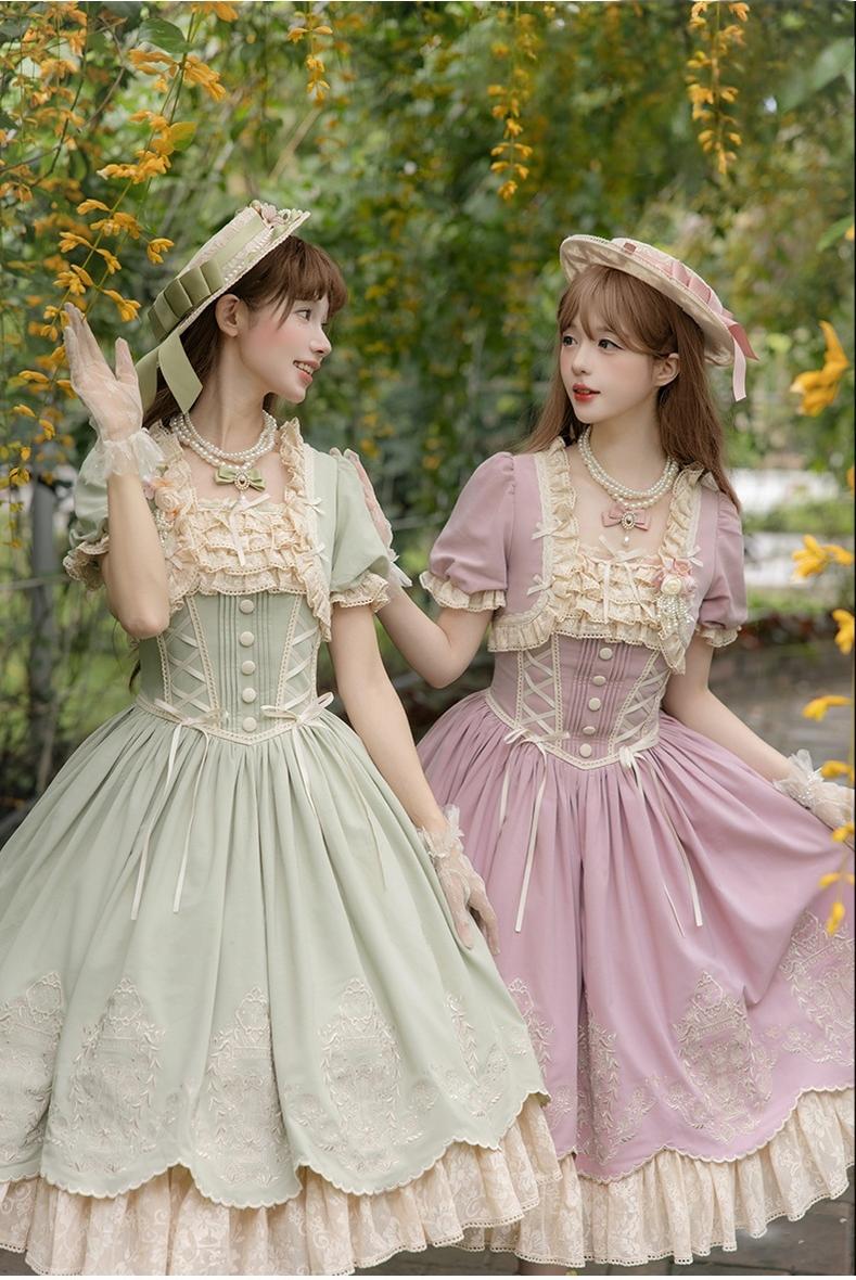 Amber Realm - Dream Strings - Embroidered Classic Lolita OP Dress, Princess Sleeves