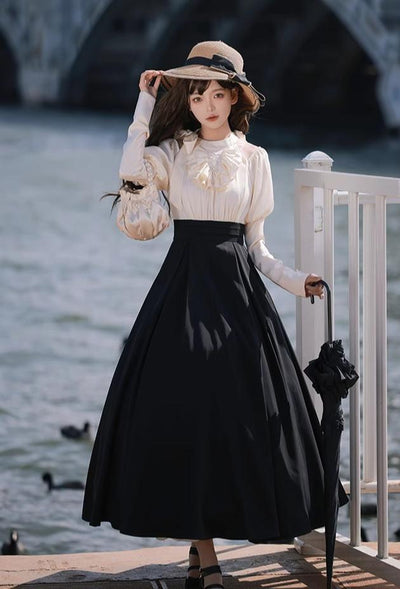 With PUJI~Roman Holiday~Classic Lolita OP Dress Faux Two-Piece Long Sleeve Dress Spring   
