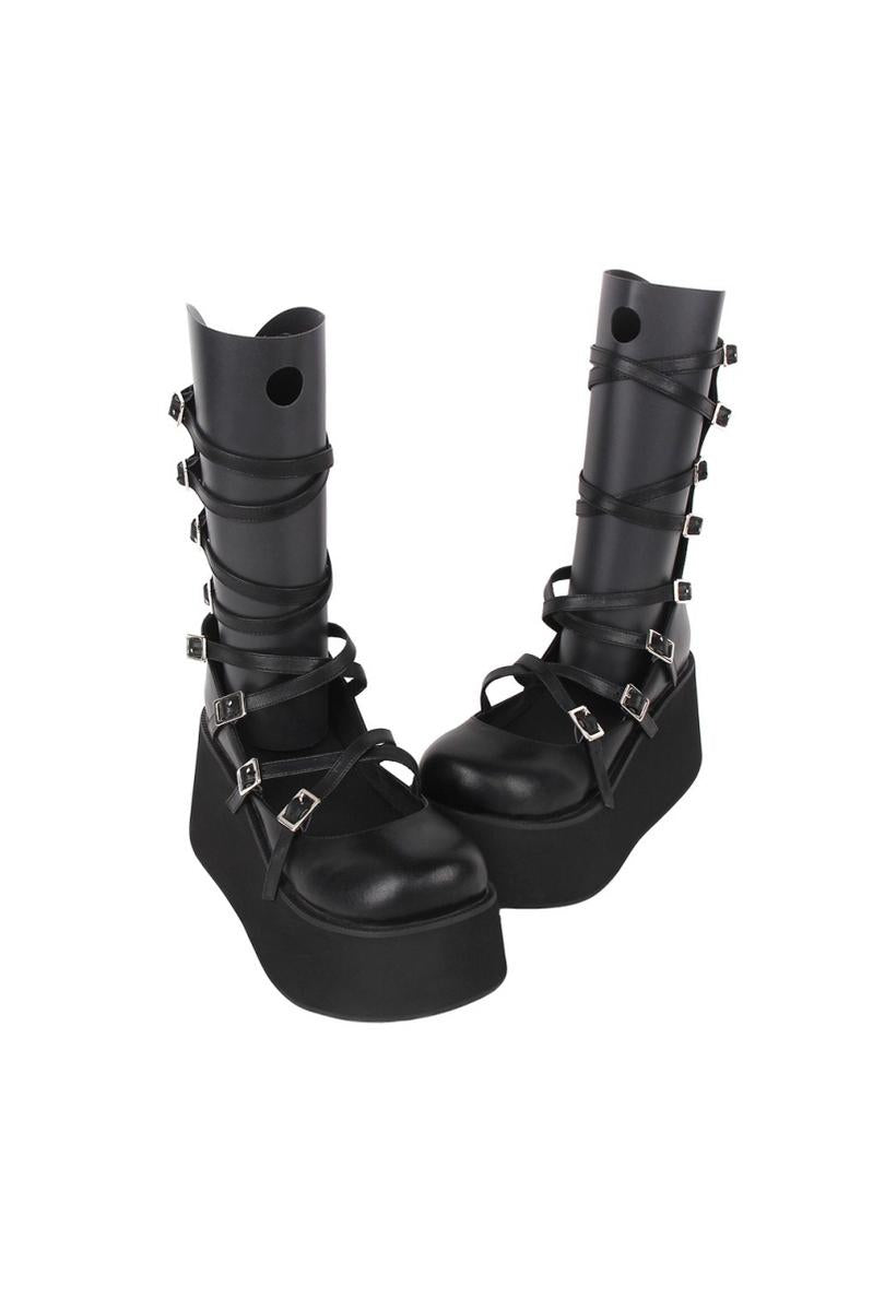 Angelic imprint~Punk Lolita High Platform Shoes With Calf-length Straps Black 34