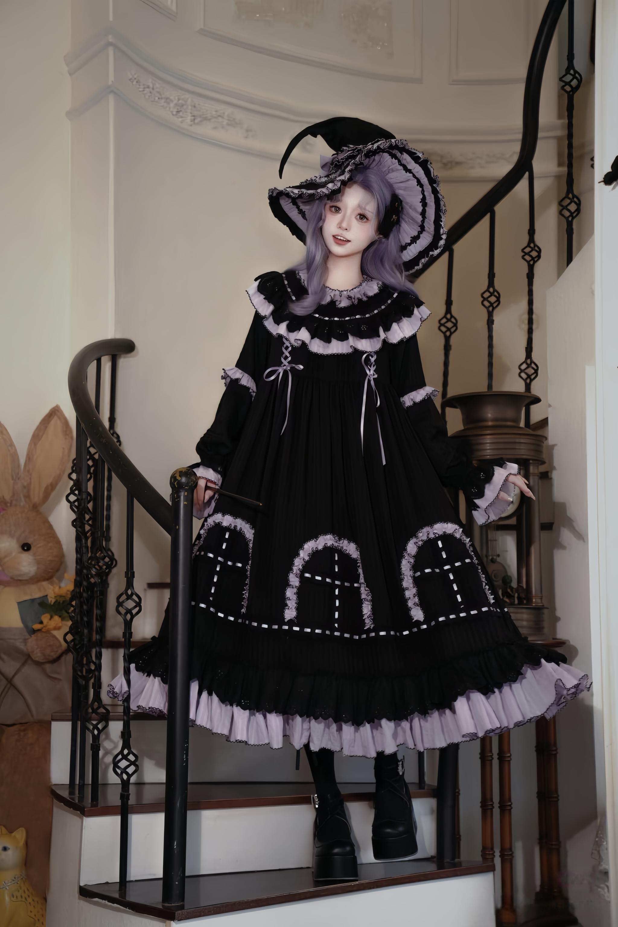 Sanshanjiu - Witch Lilith - Ruffled Collar Gothic Lolita OP, Witch Hat 44278:802111