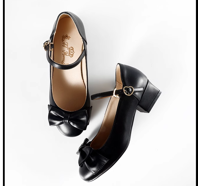 Mumu~Little Heart~Sweet Lolita Mid-Heeled Bows Shoes Multicolors 34 black 