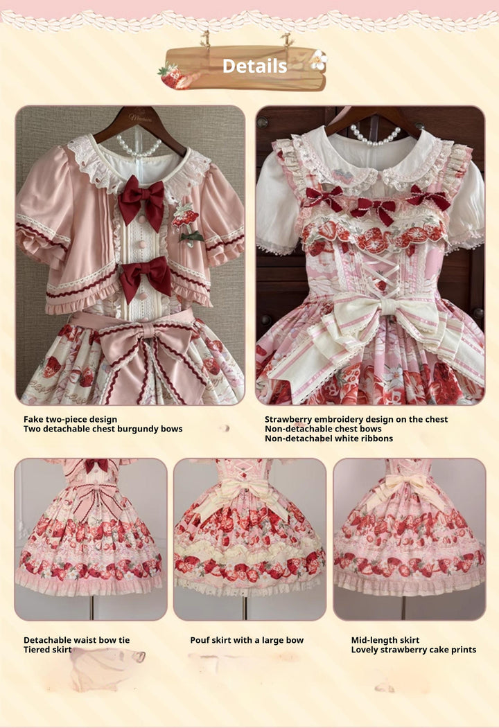 Strawberry Fantasia~Sweet Lolita OP Dress Set Puffy Skirt Long JSK and Shirt