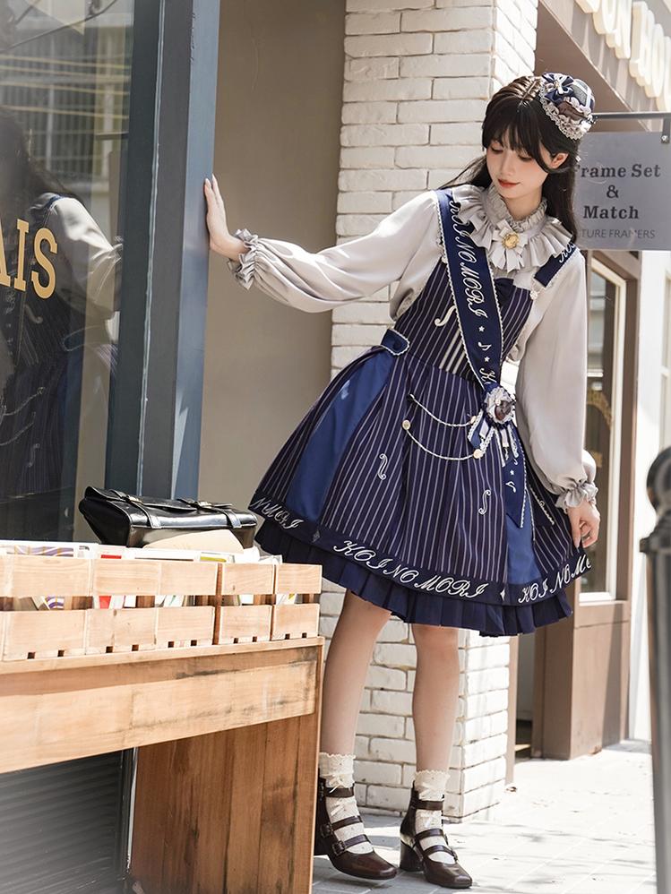 Forest Fluorescent Carps - Classic Lolita Salopette Set Violin Preppy Style Dress S Silver gray blouse