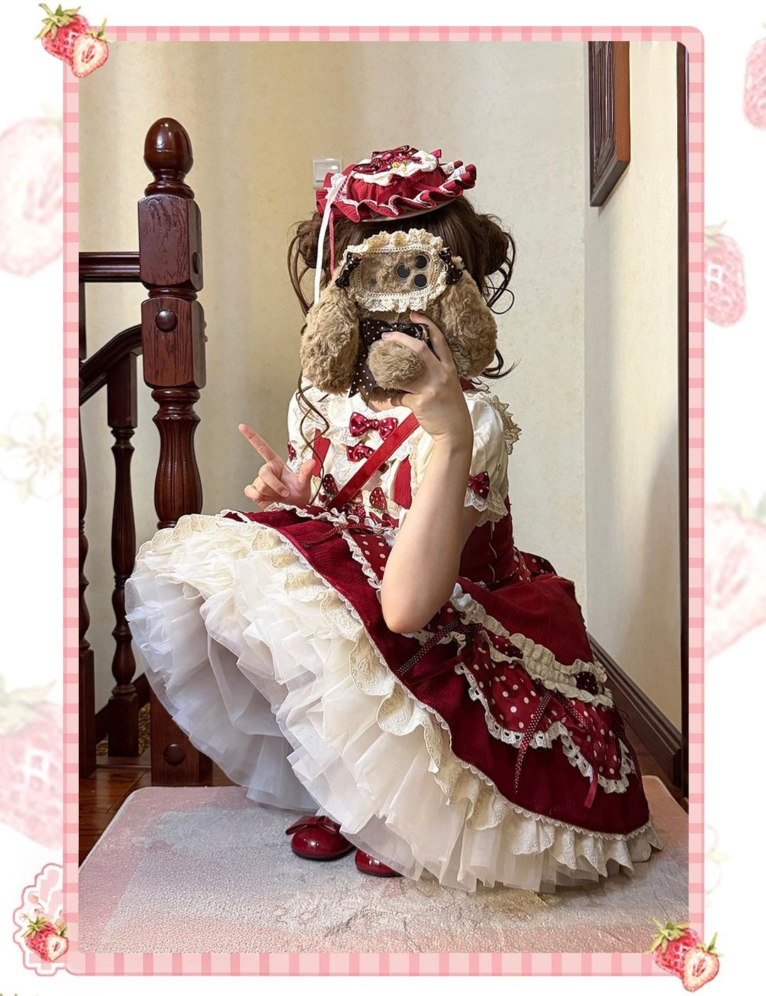Cream Berry Party - Sweet Lolita JSK Dress, Strawberry Polka-Dot Print 45860:866841