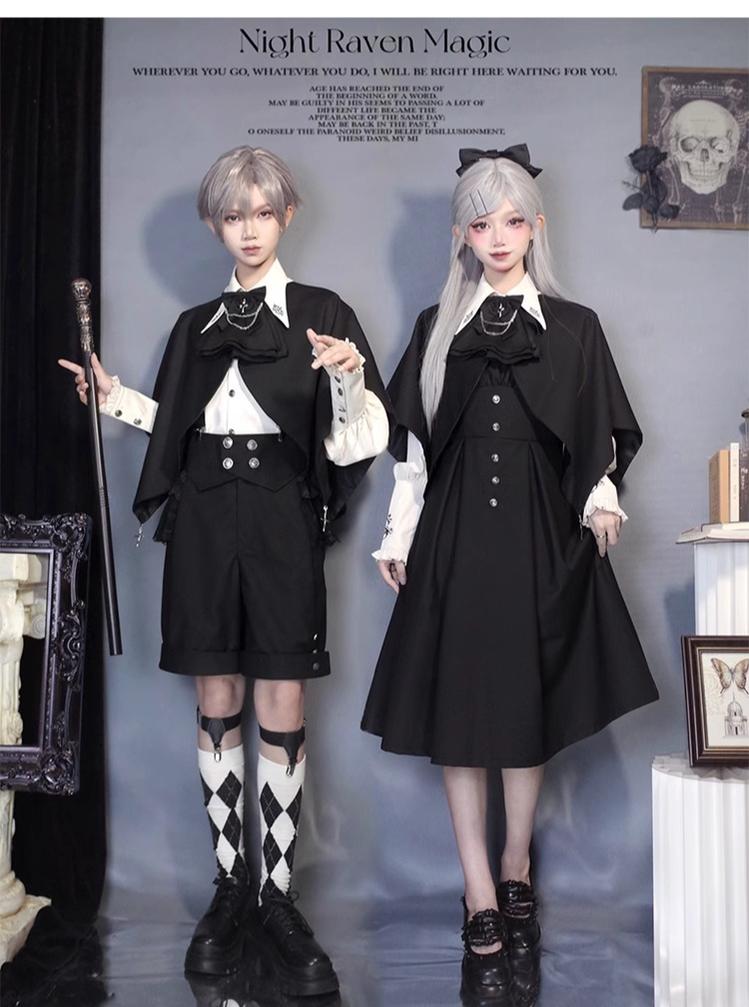 CastleToo~Night Raven Magic~Ouji Lolita Dress Set Prince Suspender Shorts Cape