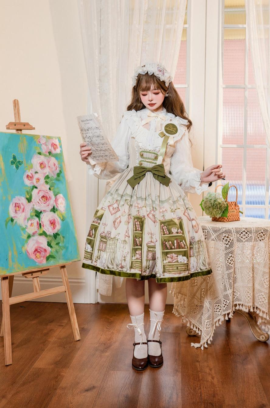 Aurora's Bookroom - Classic Lolita Bust-support JSK Dress with Bookstore Print