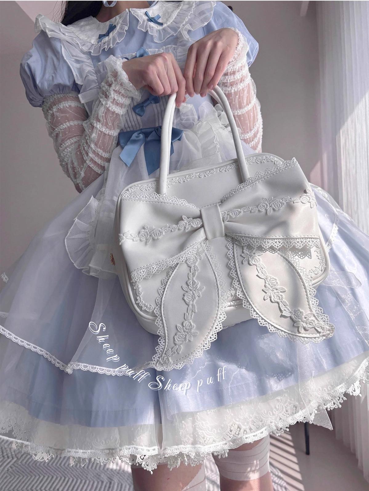 Sheep Puff - Old School Lolita Bag, Ear-Like Bow & Floral Lace