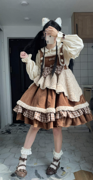 Magic Skirt Cat~Warm Bear~Brown Sweet Lolita Winter Salopette   