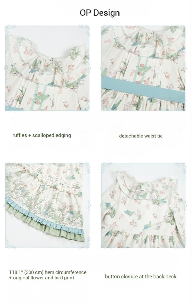 With PUJI - Oriole Time - Country Lolita JSK and OP Dress, Floral and Bird Print 44048:794579