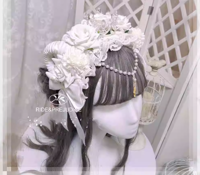 Yu Xixixi~Gothic Lolita Rose Crown KC with Veil Pendant Customized white-beige (golden crown)  