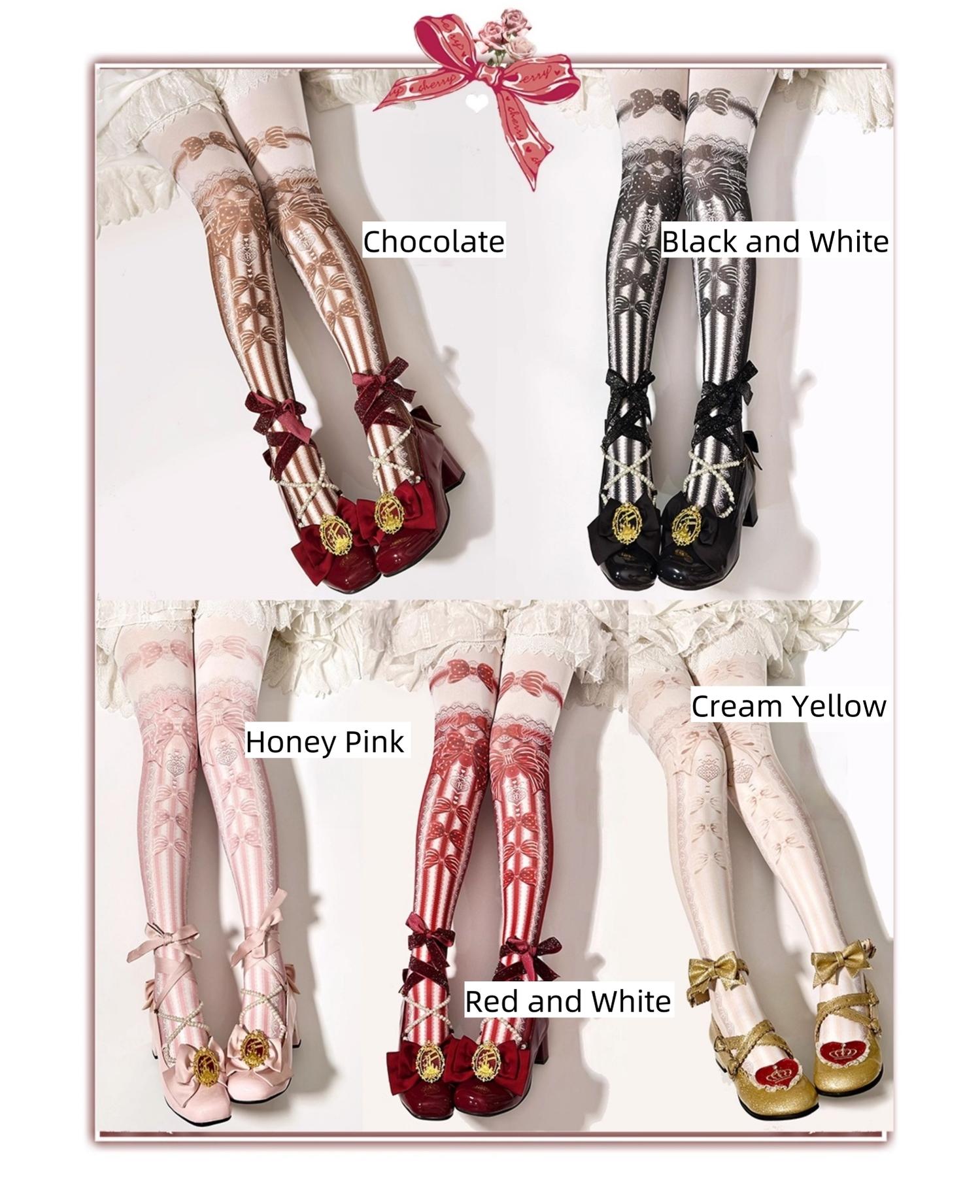Red Maria - Sweet Lolita Velvet Pantyhose, Bow Printed Cream Yellow One Size