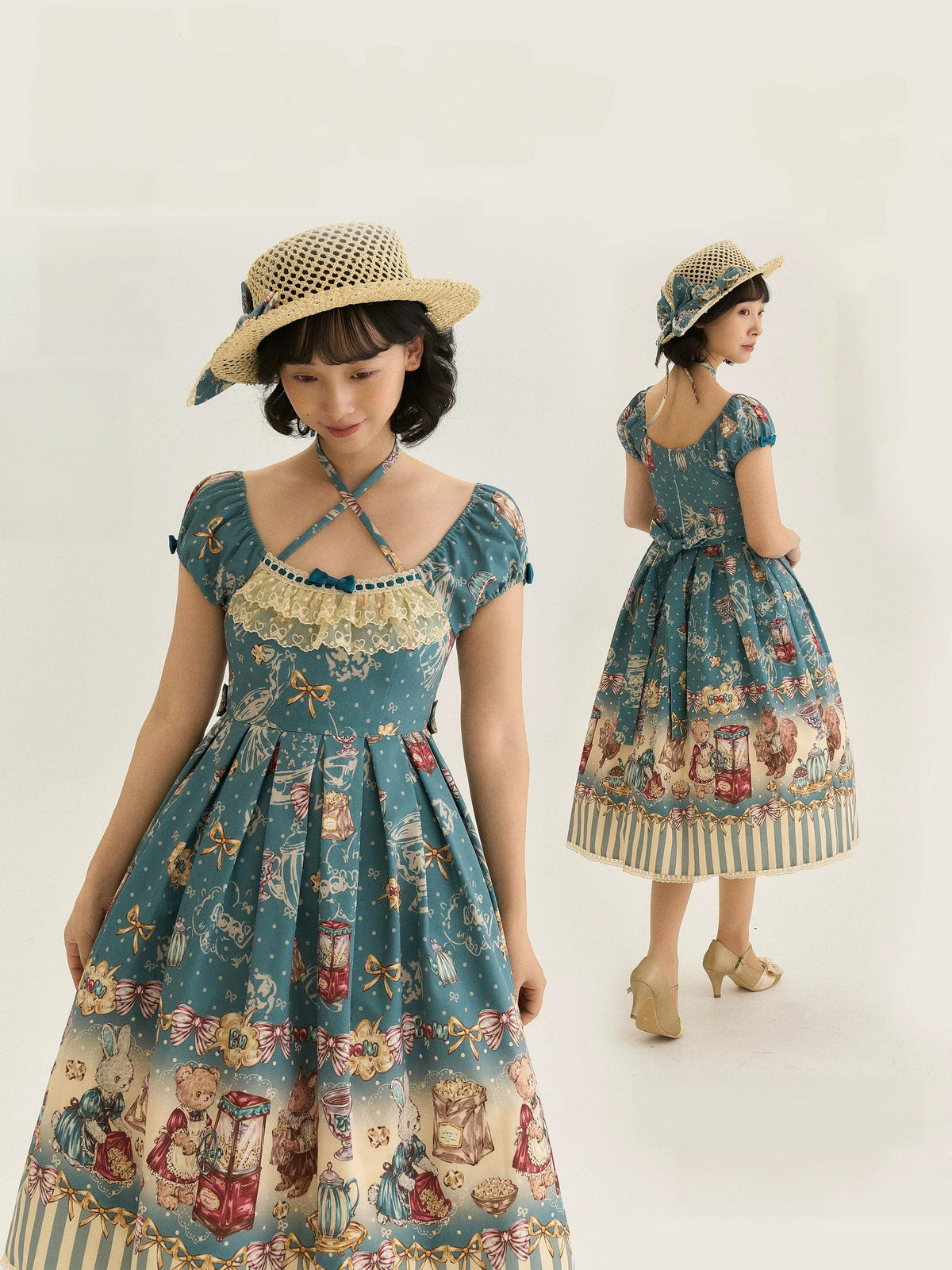 Popcorn Bear - Sweet Lolita OP Dress Set, Bear Tea Party Print 45994:871433