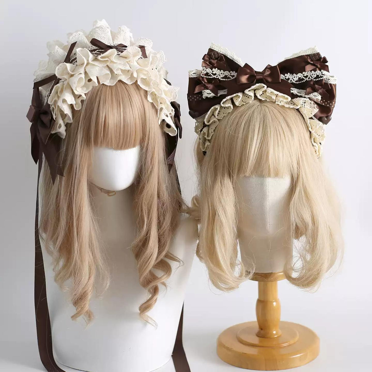 Coffee Brown Kawaii Lolita Hairband Accessory Set, Lace & Bear Ears 46088:874547