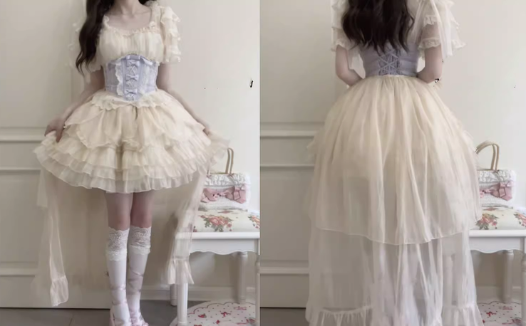 Original Design~Heart Flutter Love~Sweet Lolita Accessoriy Set and Inner Wear Multicolors double-layer veil beige (beige blue pink purple) 34294:481340