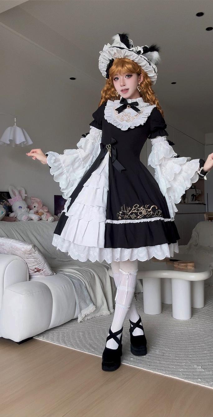 Sewing Magic Cat - Classic Lolita Six-Panel OP Dress with Embroidery OP Only S