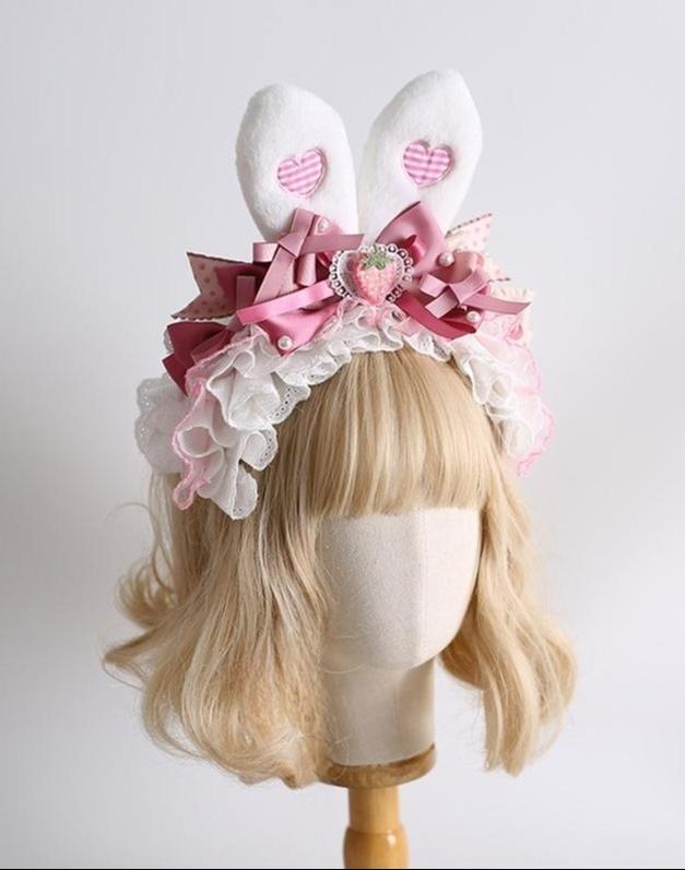 Xiaogui~Sweet Lolita Headdress Pink White Bunny Ear Hair Accessory