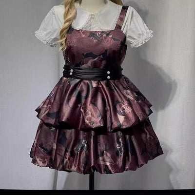 CastleToo~Faded Rose~Gothic Lolita Dress Floral Print Salopette White Short Sleeve Shirt S burgundy salopette dress 