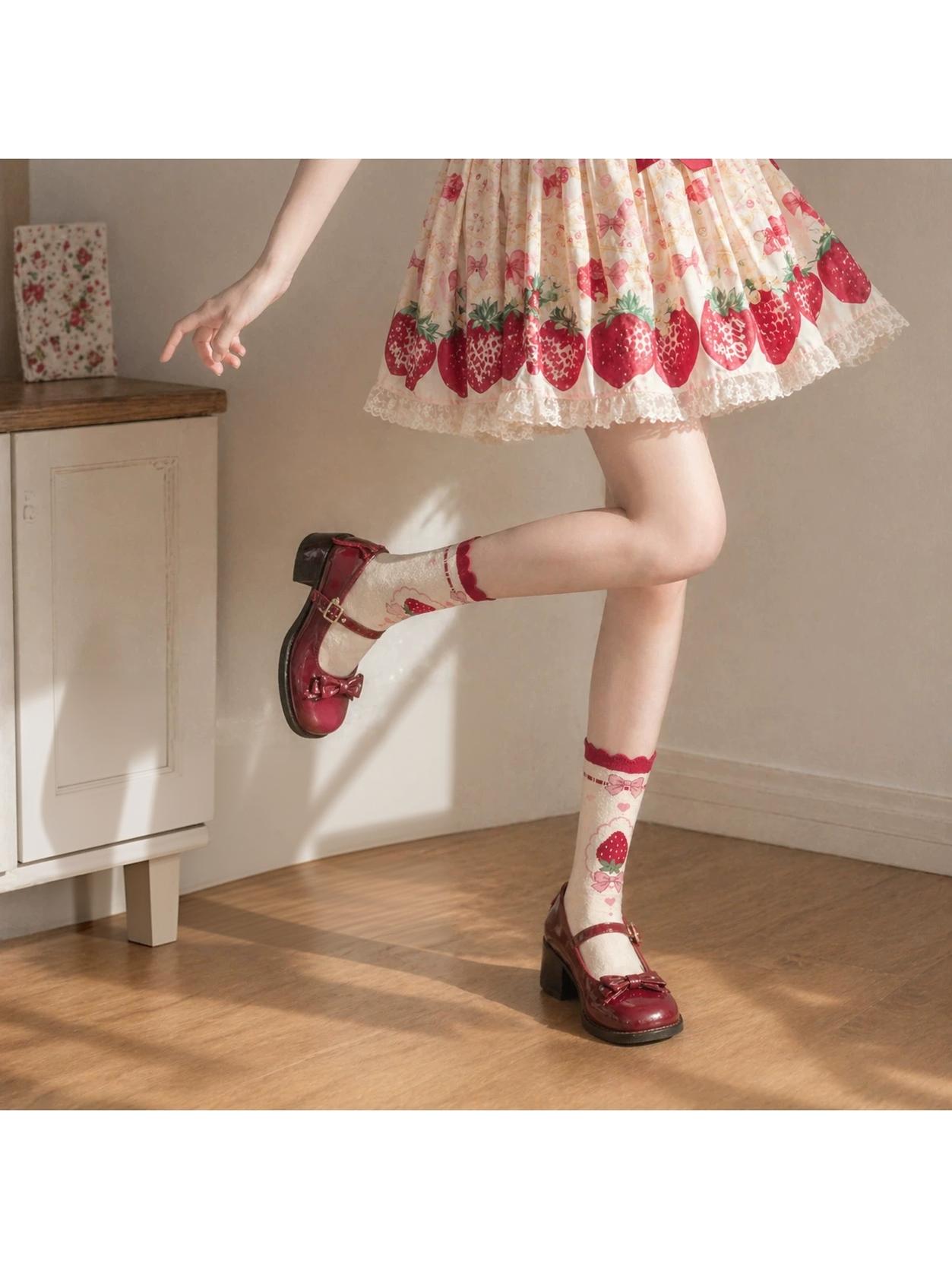 Cotton Sweet Lolita Mid-calf Socks, Strawberry Jacquard 45902:867347