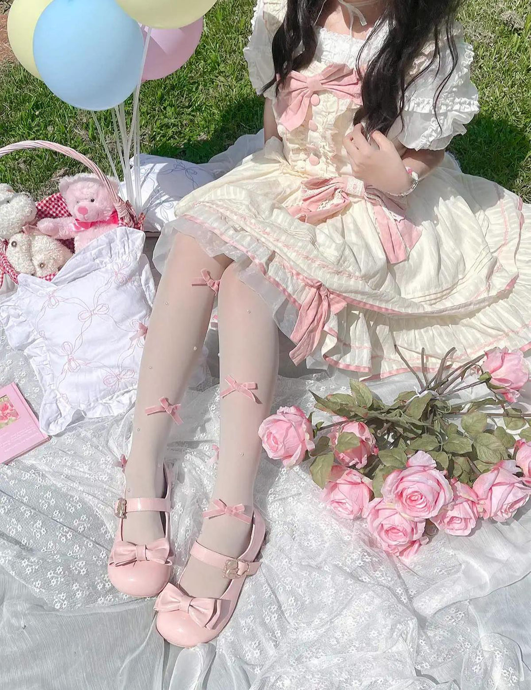 Sheep Puff~Hug Bear~Sweet Lolita Heel Shoes Bear Metal Buckle Bow Shoes 35 Patent Leather Pink - Low Heel 